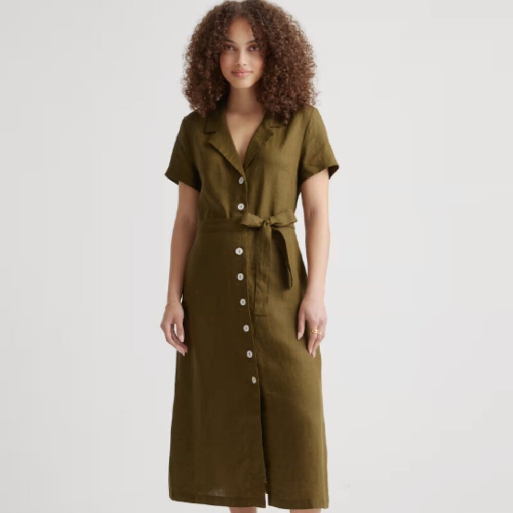 Quince European Linen Button Front Dress: Martini Olive, XS